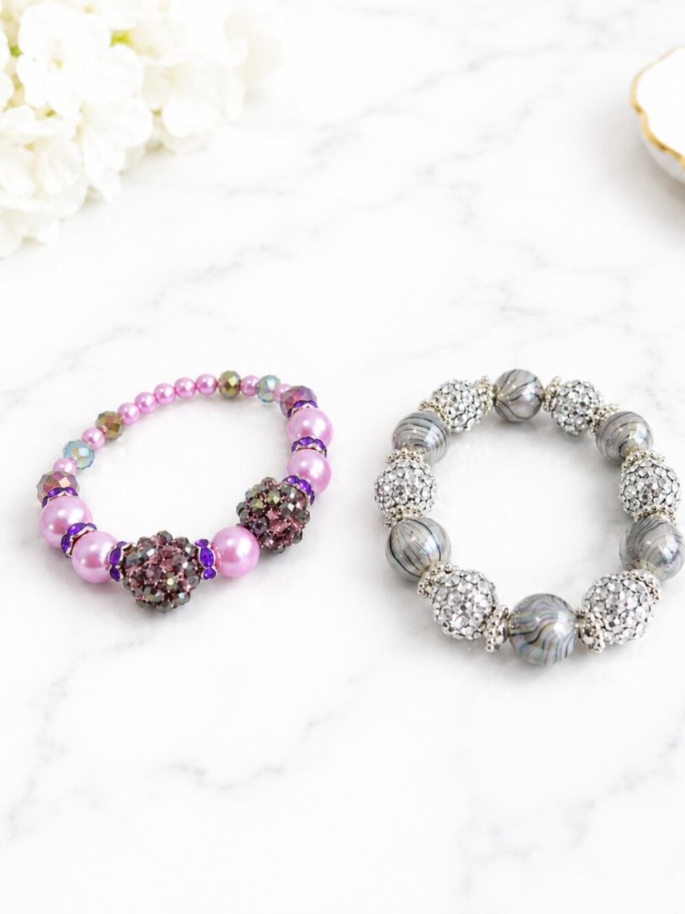 Handmade Stretch Beaded Bracelet Set Pink Purple & Silver Gray Sparkle - Picture 9 of 9
